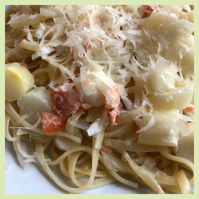 Spargel-Spaghetti mit Lachs-Forelle